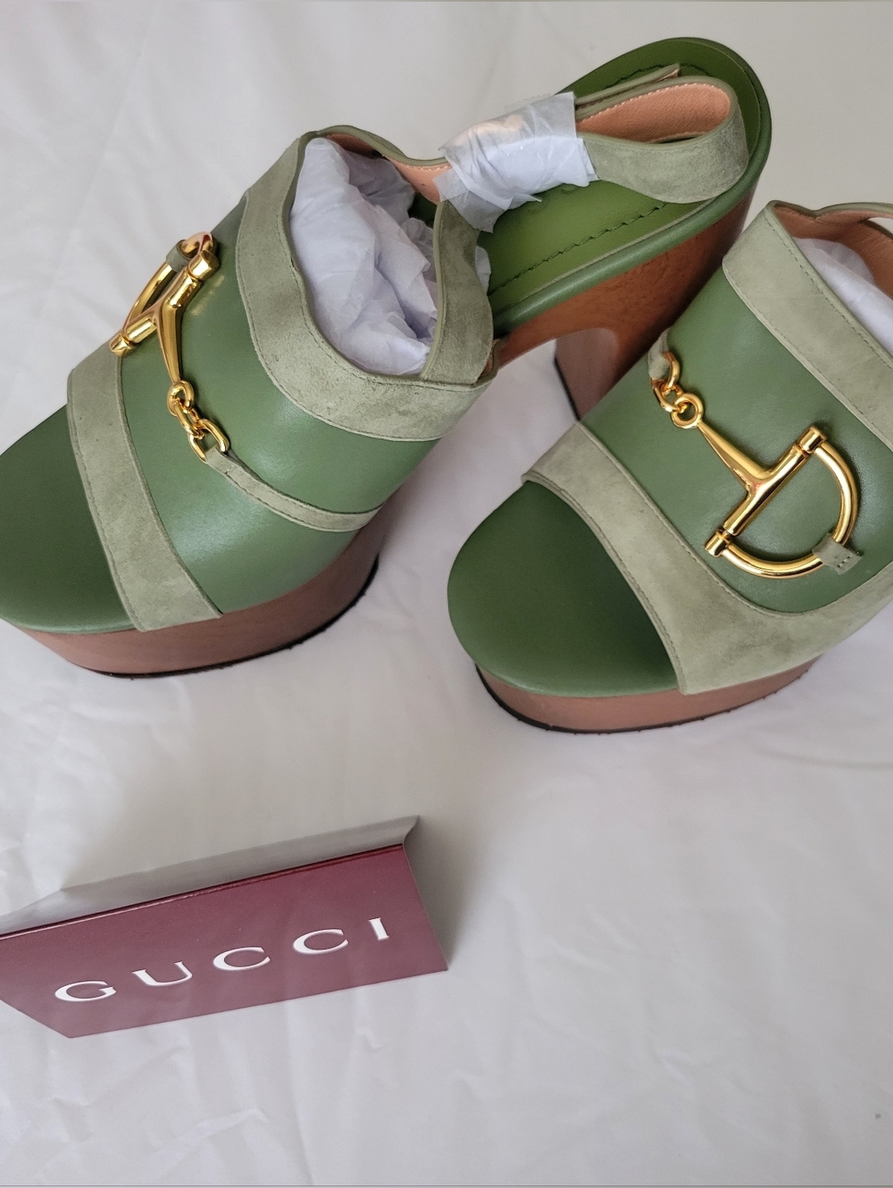 Gucci Olive Green Leather & Suede Platform Mules with Gold Horsebit